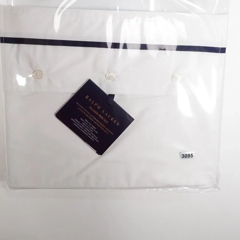 Ralph Lauren Organic Cotton Percale Palmer Twin Flat Sheet White/Polo Navy $125